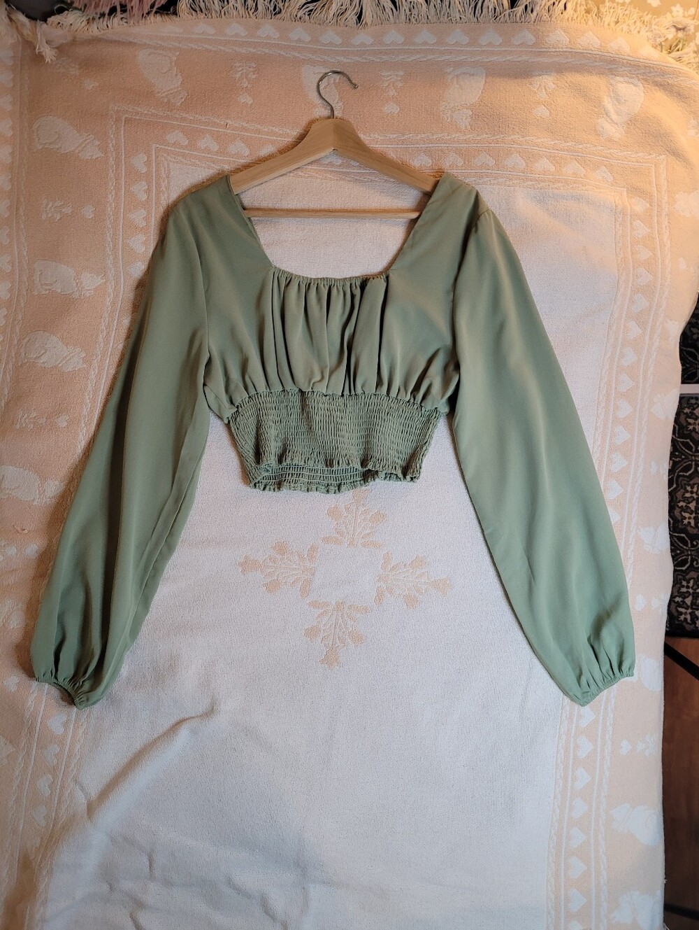 ROMWE Sage Green Smocked Square-Neck Crop Top - Picture 6 of 6